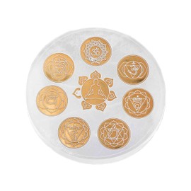 NKlaus Selenite Chakra Plate Ø 15cm - Engraved with 7 Chakra Symbols and Meditative Figure - For Recharging Crystals, Meditation, Reiki and Spiritual Rituals