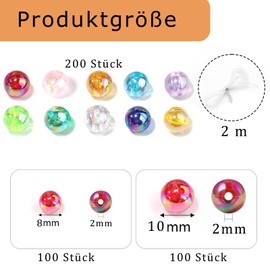 Altaroo 200 Stück Acrylperlen, Perlen zum Auffädeln, Perlen Groß 10mm 8mm Mit elastischem Seil 2m, Große Perlen Bunte mit Loch Runde Durchsichtig, Bastelperlen zum Auffädeln für Armbänder, Halsketten