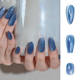 Sun&Beam Nails Handmade Nail Tips Short Square Oval Round Blue False Nail Magnet Plain One Color Simple Design Fashionable False Nail 10 Pieces (#242 S)