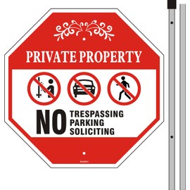 Andchi 2pcs Private Property Signs Safety Signs Yard Sign No Trespassing No Parking No Soliciting Sign, Alu Sign with Stake and Accessories(Red, 30 * 30cm)