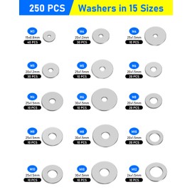 HOLMOL Washers 250 PCS, Flat Penny Washers, Stainless Steel Washers for Screws, 15 Sizes Washers for Bolts M3 M4 M5 M6 M8 M10 M12, Metal Washers Assorted, Flat Washers for Screws & Bolts