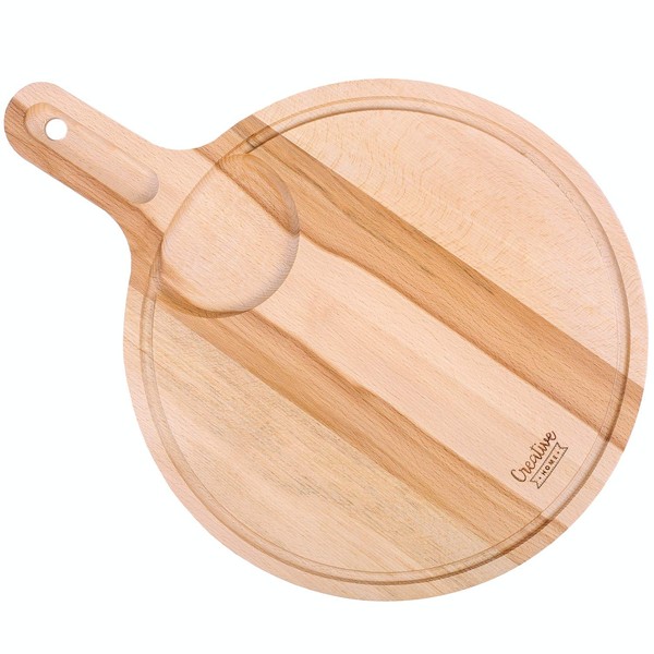 Creative Home Wooden Round Pizza Chopping Cutting Serving Board | 40 x 30 x 1.5 cm | Plate with Wood Handle | Reversible | Perfect for Any Kitchen & Home as a Serving Platter for Snacks Cheese Bread