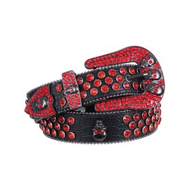 FIORETTO Men Women Rhinestone Belt Skull Leather Belt Western Bling Shining Diamond Cowgirl Cowboy Waist Belt for Jeans Pants Red