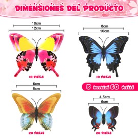 60 Piezas de Decoración de Mariposas 3D con Imanes - Autoadhesivas para Pared, Fiestas, Bodas (12 Estilos, 4 Tamaños, Colores Vibrantes)