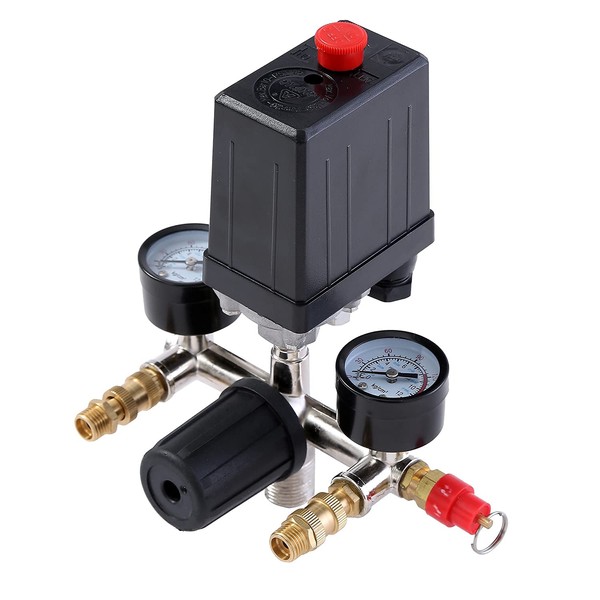 ORAZIO Air Compressor Pressure Control Switch with Twin Outlets and Safety Valve Gauges Regulator 1/4" SP24118002
