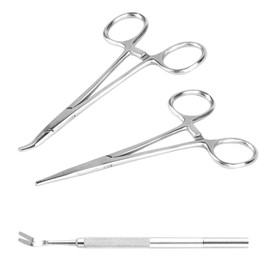 Set of 2 12.5 cm Piercing Pliers, Self-Locking Piercing Clamp, Stainless Steel Straight and Curved Hook Remover Pliers with Sawtooth Design for DIY Crafts, Pet Care + Tick Fork