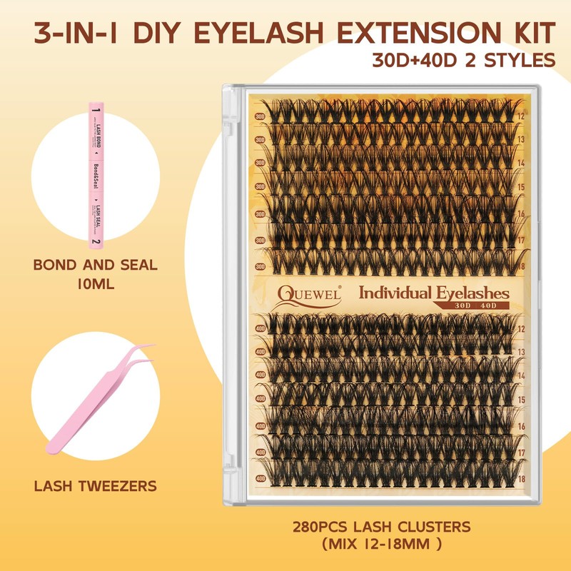 QUEWEL DIY Lash Extension Kit 280Pcs Lash Clusters Eyelash Extension