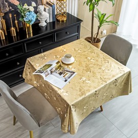 Jacquard Tablecloth, FHDUSRYO PVC Floral Pattern Round Table Cloth, Waterproof Wipeable Magnolia Table Cover, Oil-Proof Table Protector for Kitchen, Dinning Room, Party (Gold, 140x140 cm)