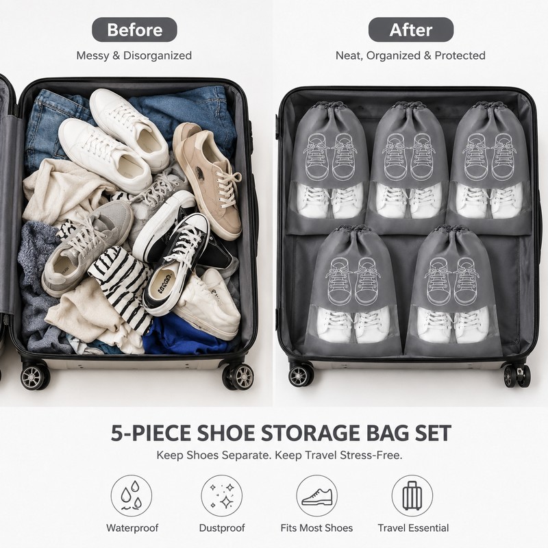 5-Piece Waterproof Shoe Storage Bag Set – Large Capacity Travel