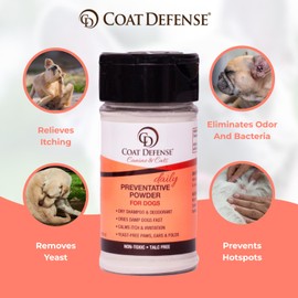 COAT DEFENSE COAT DEFENSE Preventative Powder | Made in USA | 3.5oz Waterless Dog Shampoo & Pet Deodorizer for Smelly Dogs | Provides Anti Itch Relief | Dog Shampoo for Dry Itchy Skin & Smelly Dogs