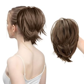 Ponytail Extension Human Hair Blend - Clip-In Messy Bun Hair Piece with Claw Clip, Natural Straight Synthetic Fake Ponytail for Women (Light Brown)