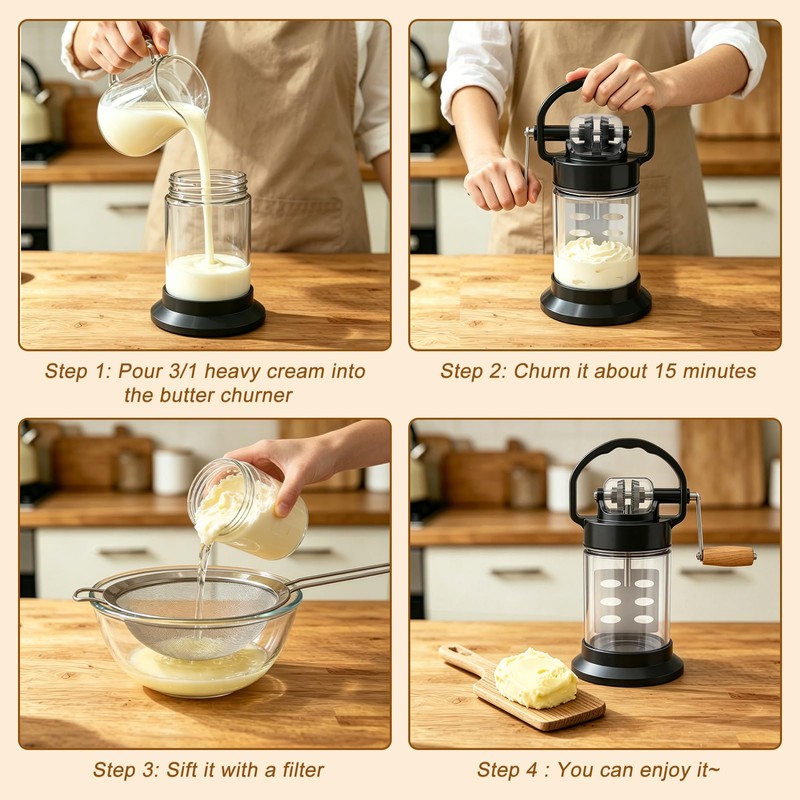 Upgraded 1L Manual Butter Churner with Non-Slip Base & Finger-Safe