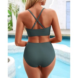 Charmo High Waisted Ribbed Full Coverage Bikini Sets for Women Cut Out Criss Cross 2 Piece Swimsuit Green M