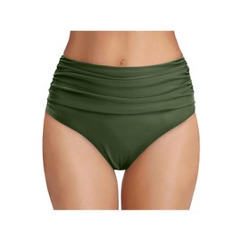 Tempt Me Women's Army Green High Waisted Bikini Bottom Tummy Control Ruched Bathing Suit Swim Bottom M