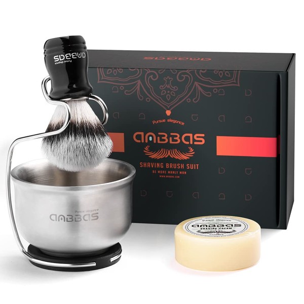 Anbbas Synthetic Badger Shaving Brush Set, 4IN1 Shaving Kit with Stainless Steel Shaving Stand and Lathering Foam Bowl, 3.5OZ Natural Shaving Soap Puck Refill for Men Wet Close Shave