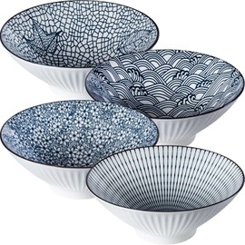 Dyware 38 oz Japanese Ramen Bowls Set of 4, Large Pho Bowls, 8 Inch Ceramic Blue and White Soup Bowls, Mixing Pattern
