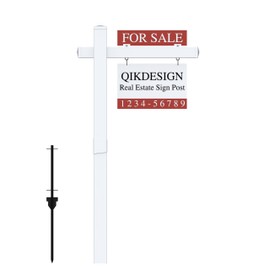Qikdesign Vinyl PVC Real Estate Sign Post 6' Tall (Connected type), White Realtor Yard Sign Post with Flat Cap for Open House, 36" Arm Holds Up to 24" Sign