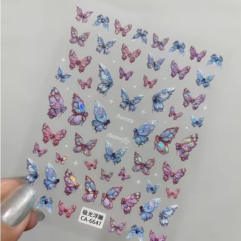 TailaiMei Butterfly Nail Stickers, 2 Sheets 5D Glitter Design Self-Adhesive