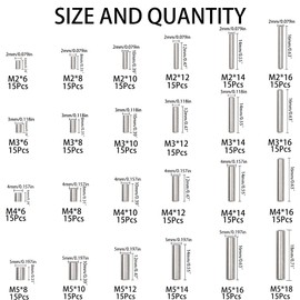 Rrina Rrina 360Pcs 304 Stainless Steel Dowel Pin Shelf Support Peg Pin Rod Fasten Elements Assortment Kit, 24 Sizes M2 M3 M4 M5