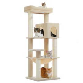 MUTTROS Large Cat Tree with Reinforced Scratching Posts (φ3.7in) for Big Adult Cats 30 lbs, 57.8" Heavy Duty Cat Tower with Larger Hammock and Condo, Cat Furniture for Maine Coon, Plush,Beige