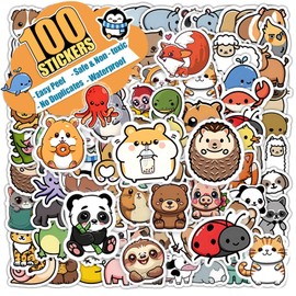 100 PCS Water Bottle Stickers for Kids, Cute Vinyl Aesthetic Waterproof Stickers for Laptop, Bumper, Skateboard, Water Bottles, Computer, Phone, Cartoon Anime Stickers (Cute Animals)