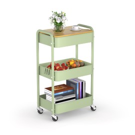 HIDODO 3 Tier Metal Utility Cart, Rolling Storage Cart with Wooden Tabletop, Metal Organizer Cart with Lockable Wheels for Office, Bedroom, Kitchen and Living Room (Green)