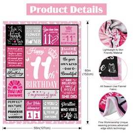 11th Birthday Gifts for Girls, Pink Blanket Birthday Gifts for 11 Year Old, 11th Birthday Decorations for Girl, Blanket Birthday Presents for Teen Girls Age 11, Double Digits Birthday Blanket 50"X60"