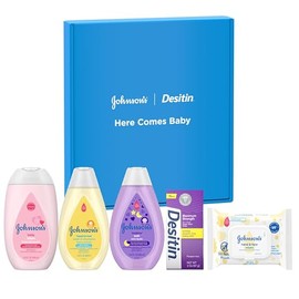 Johnson's Baby Aquí Viene Bebé - Set de regalo para bebés, esenciales para nuevos padres con loción hidratante, baño relajante, gel de baño y champú, toallitas para manos y cara, y crema para