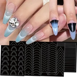 6Pcs French Manicure Strip Edge Auxiliary Nail Stickers - Wavy Line 3D Self -Adhesive DIY Template Nail Art Supplies for Designer Nail Decoration,Nail Tip V-Shaped Stencil DIY Manicure Tools Decor