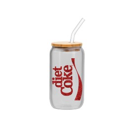 Silver Buffalo Coca-Cola Diet Coke Glitter Glass Jar Tumbler with Bamboo Lid and Plastic Straw, 16 Ounces