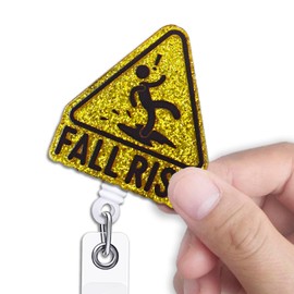 KANGYUSO Funny Nurse Retractable Badge Reel, Fall Risk Yellow Glitter Badge Reel with Alligator Clip, Acrylic Medical Badge, Funny ID Badge Holder Gift for ER RN CNA Nurse Doctor Coworker Volunteer