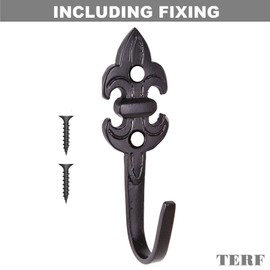 TERF® Traditional Vintage Style Antique Black Curtain Drapery Hold Back Tie Back Hooks 75mm (3 inch) Shower Window Wall Mounted Curtain Hook with Fixing for Keys Clothes Coat Hanger - Pack of 2
