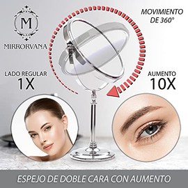 Mirrorvana Espejo de Mesa con Aumento 10X y Giro 360° - Ideal para baño, Maquillaje y Uso Diario - Modelo Redondo sin luz - 20 cm de diámetro