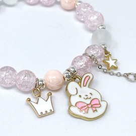 Wrapables Friendship Beaded Enamel Charm Bracelet, Pink Crown Bunny Crystal Beads