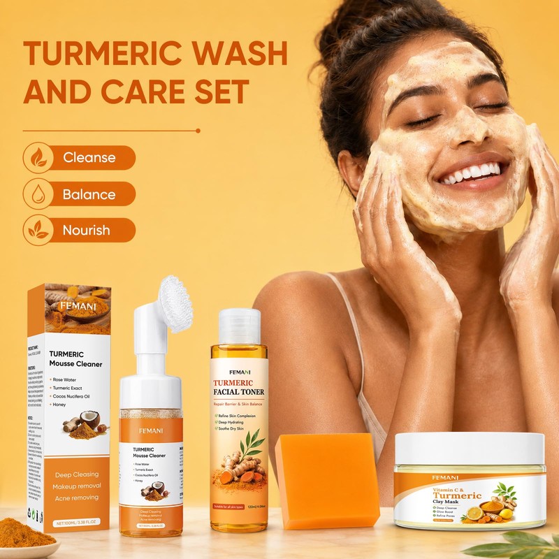 4Pcs Turmeric Skin Care Set- Soap Bar, Facial Cleanser, Toner