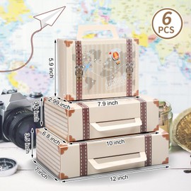 Weekgrat 6 Pcs Large Vintage Travel Suitcase Box Travel Party Decorations Paperboard Suitcases Gift Box Decorative Set of 3 Small Stackable Storage Chests Decor for Themed Party Favors (Beige)