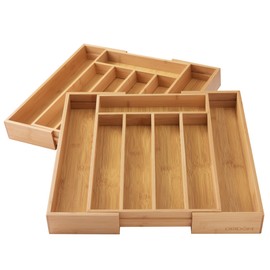 oridom 2-Piece Bamboo Silverware Organizer, Expandable Kitchen Drawer Organizer for Cutlery and Utensils, Multifunction Adjustable Bamboo Wood Cutlery Tray in Drawer for Flatware, (Natural)