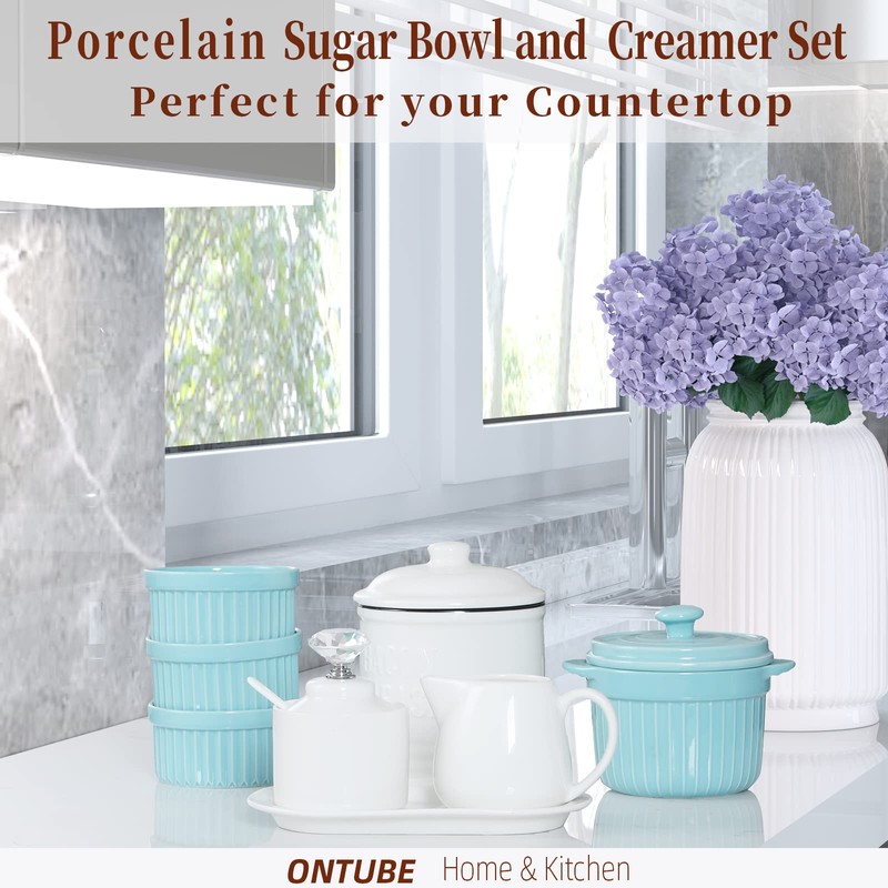 ONTUBE Porcelain Sugar and Creamer with tray and Crystal Lid