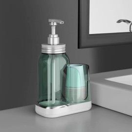 Luvan Mouthwash Dispenser for Bathroom, 25oz Mouthwash Pump Bottle with Cup Holder, Refillable Clear Blue Mouth Wash Container for All Age Groups, Large Capacity Bathroom Mouthwash Holder Set