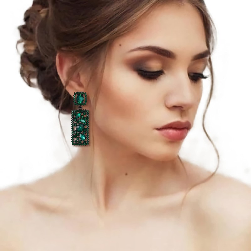 EVER FAITH Rectangle Earrings, Green Rhinestone Crystal Geometric Statement Drop