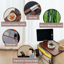 Bamboo Couch Arm Table & Armrest Tray with Removable Bag - Fits Armrest from 5"-12" - Multipurpose Couch Clip On Tray & Sofa Arm Tray for Drinks & devices - Premium Wood Finish, Non-Slip & Waterproof