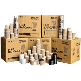 HOT BARGAINS, 200 X 8oz / 230ml Kraft Triple Walled Disposable Paper Ripple Cups Disposable Coffee Tea Cups Disposable Hot Drink Cups + LIDS Free