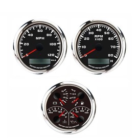 MOTOR METER RACING W PRO Series 3 Gauge Set 110mm 4-3/8" GPS Speedometer, Tachometer & 4 in 1 Multi-Function Volt, Fuel Level, Water Temperature & Oil Pressure Black Dial White LED for Car, Boat