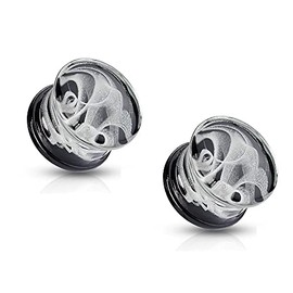 Pierced Owl White Swirling Smoke Pyrex Glass Double Flared Black Back Plugs, Sold as a Pair (10mm (00GA))