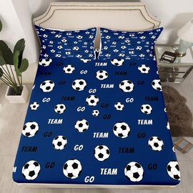 Feelyou Kids Soccer Fitted Sheet Full Size Football Bed Sheet Set Boys Girls Soccer Ball Pattern Navy Blue Bedding Set Sports Theme Bed Cover Deep Pocket
