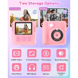 YORKOO Kids Camera for Girls, Instant Camera for Kids with Photo Paper, 1080P HD Digital Camera for Kids, Creative Toys Gifts for Children Age 4-10 Years Old, Video Recorder, 32GB SD Card - Pink
