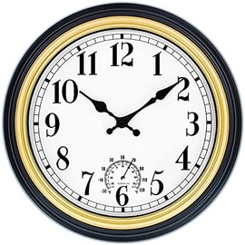 45Min 12 Inch Indoor/Outdoor Retro Round Waterproof Wall Clock with Thermometer, Silent Non Ticking Battery Operated Quality Quartz Wall Clock Home/Patio Decor