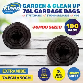 Xtra Kleen Tear and Leak Proof Garbage Bin Liner 10-Piece Set, 76 Litre Capacity, Black