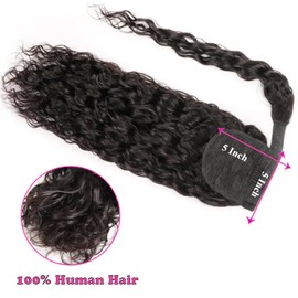 Seelaak Hair Water Wave Ponytail Extensions Human Hair Wrap Around Corn Wave Pony Magic Paste Brazilian Human Hair Extensions for Women Natural Black(14 inch)