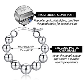 Nupdot Chunky Silver Hoop Earrings for Women | Thick 925 Sterling Silver Post Beaded Ball Huggies Earrings Lightweight Hypoallergenic Hoops Jewelry Gifts. 10mm